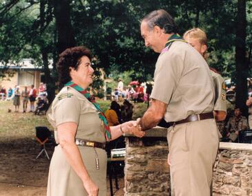 Photograph, Ida Oke receiving her Scouting medal of merit from Sir John Gabbo AC CVO QC, Governor of Victoria