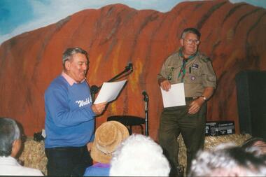 Photograph, Ted Egan and Bob Oke, 3rd Ringwood Scouts identity, at concert in hall