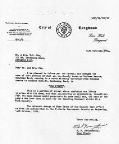 Photograph, Letter from Ringwood Council to change name of street to Oke Street, October 1964