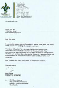 Photograph, Letter from Scouting Australia to Ida and Bob Oke in 2002, suggesting naming of buildings at Clifford Park to "Oke"