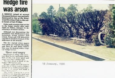 Photograph, Ringwood Bowling Club- Hedge fire, 12 January, 1990