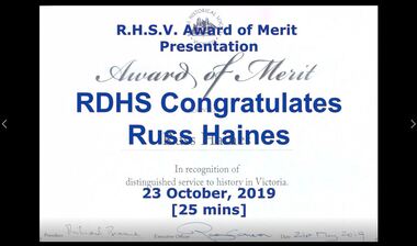 Mixed media - Video, RDHS Meeting Presentation - Royal Historical Society of Victoria Award of Merit - 2019