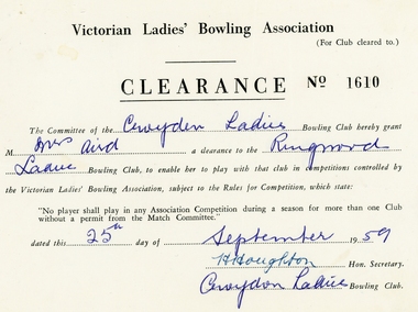 Document, Ringwood Bowling Club- Victorian Ladies Bowling Association- Clearance Form, 1959