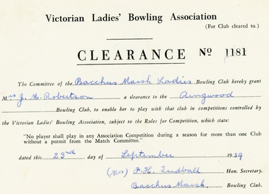Document, Ringwood Bowling Club- Victorian Ladies Bowling Association- Clearance Form, 1959