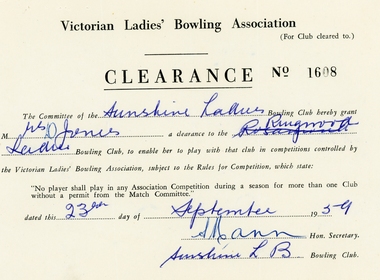 Document, Ringwood Bowling Club- Victorian Ladies Bowling Association- Clearance Form, 1959