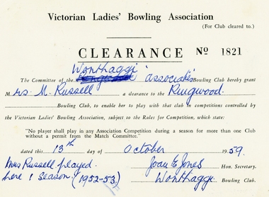 Document, Ringwood Bowling Club- Victorian Ladies Bowling Association- Clearance Form, 1959