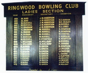 Photograph, Ringwood Bowling Club- Ladies Section, Honour Board