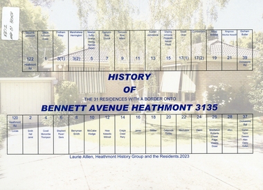 Book, History of Bennett Avenue Heathmont 3135, compiled by Laurie Allen, Heathmont History Group and the residents. 2023