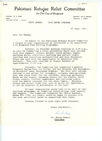 Document, Pakistani Refugee Relief Committee for the City of Ringwood, 1971