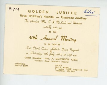 Document, Royal Childrens Hospital- Ringwood Branch. Collection of items