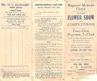 Document, Ringwood Methodist Church, Autumn Flower Show, 1936. Programme and entry form