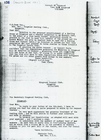 Document, Ringwood Bowls Club- Letter from Town Clerk Ringwood relative to the establishment of a Bowling Green in Ringwood. Dated 7/9/1929