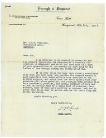 Document, Ringwood Bowls Club- Letter from Town Clerk Ringwood to Mr T. R. G. Williams, giving thanks for donation of Fountain for erection in Ringwood. Letter dated 11th October, 1946
