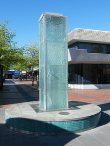 Photograph, Water feature in Melbourne Street, Ringwood  in 2008. It was provided by Maroondah City Council, officially opened on 12 March 1997 to mark the creation of MCC, but rarely having water turned on