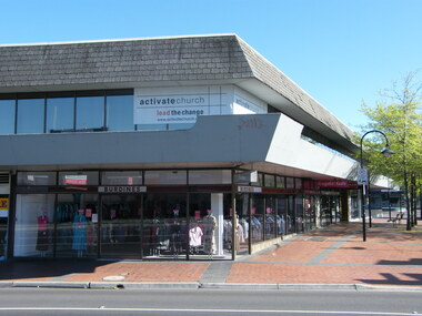 Photograph, North west shops in Melbourne Street, Ringwood  in 2008, at the corner of Maroondah Highway. Showing the Activate Church and Burdines