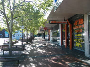 Photograph, Looking east, Civic Place, Ringwood  in 2008, near the corner of Ringwood Street. Showing WestpacBank and JB Clearance Centre, with Melbourne Street at end