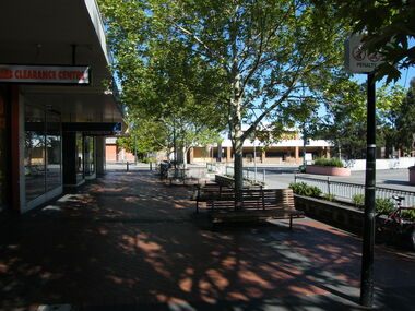 Photograph, Looking west towards Ringwood Street, in Civic Place, Ringwood  in 2008, near to Midway Arcade. Showing JB Clearance Centre and Post Office across the road
