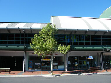 Photograph, Below Melbourne Street to entrance of Eastland, Ringwood in 2008, showing shops at Ringwood Plaza