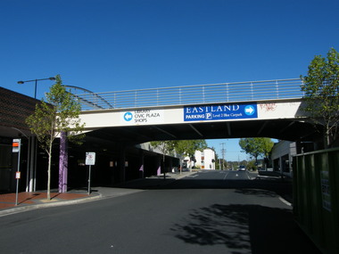 Photograph, West of entrance to Eastland, Ringwood in 2008, showing car overpass, with Ringwood Street in distance