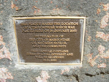 Photograph, The time capsule of the facsimile of the miner's hut, located at the back of Ringwood Lake, from the original that once stood on Maroondah Highway in the 1870s onwards. The capsule will be reopened on 28 January 2050. The cottage was erected by the Ringwood City Council in conjunction with Ringwood Historical Research Group (now Ringwood & District Historical Society). Officially opened by Mayor Cr Pat Gotlib JP on 29th May 1983