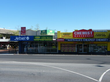 Photograph, Shops on 151-159 Maroondah Highway, Ringwood opposite the former railway station entrance. Jetset, Cash Store and Chemist Warehouse shops