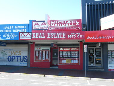 Photograph, Maroondah Highway, Ringwood showing Michael Nardella real estate, Stockdale & Leggo real estate and mobile repairs business