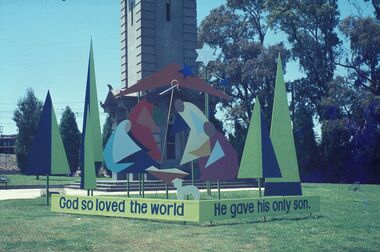 Photograph, 1978 Christmas decorations at the Ringwood Clocktower, on Maroondah Highway, Ringwood