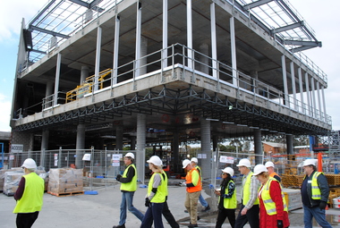 Photograph, Probuild tour of Stage 5 building of Eastland, Ringwood in 2015. Showing structures near REALM library