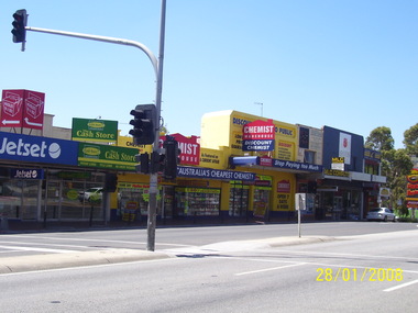 Photograph, Former shops to the east of Melbourne Street in January 2008. Knocked down in later preparation for construction work beginning at the Ringwood Railway Station and Stage 5 of Eastland circa 2014
