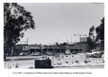 Photograph, Officeworks at the corner of Maroondah Highway and Warrandyte Road. Opening sale on 4 December 1994. Looking east over the Eastland car park