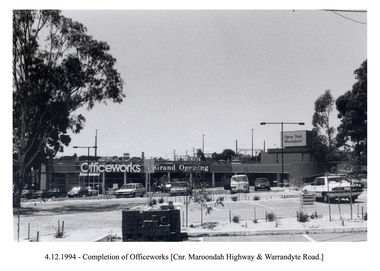 Photograph, Officeworks at the corner of Maroondah Highway and Warrandyte Road. Opening sale on 4 December 1994. Looking east over the Eastland car park