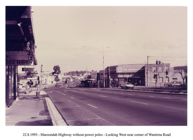 Photograph, Looking west along Maroondah Highway, Ringwood on 22nd August 1993. Wantirna Road intersection, with SEC building and Ringwood Street on right
