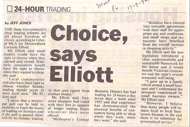 Newspaper, Shop trading Reform: Scrapbook Clipping, Library Collection, Ringwood, Victoria,. 17/9/1996