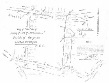 Document - Copy of Lands Department Field Notes - Parish of Ringwood, Victoria, Field Notes - Part of Crown Allotment 17D Surveyed 1952 (Amended in 1953)
