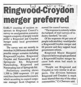 Newspaper, Survey on amalgamation of Ringwood and Croydon Councils, `