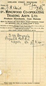 Document, Ringwood Co-operative Trading Ass'n. Ltd. invoice to J.G. Aird, 1920