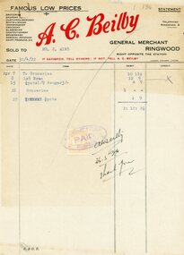 Document, A.C. Beilby, General Merchant Ringwood, invoice to Mr J. Aird, 30/4/1922