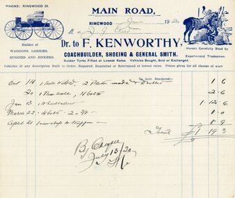 Document, F. Kenworthy, Coachbuilder, Shoeing & General Smith, invoice to Mr J.G. Aird, June 1920