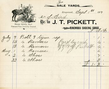 Document, J.T. Pickett, Ringwood Shoeing Forge invoice to Mr J. Aird dated Sept 1st,1919