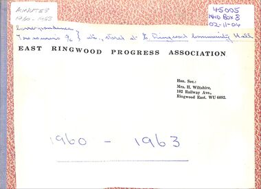 Administrative record, East Ringwood Progress Association Minutes 1960 - 1963
