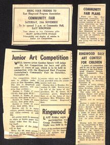 Newspaper, A selection of newspaper articles on the East Ringwood Progress Association Community Fair and Junior Art Competition circa 1960