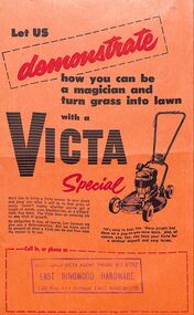 Document, An advertisement for the Victa Special mower from East Ringwood Hardware, accredited Victa Agent. 102 Railway Avenue, East Ringwood, WU 6092