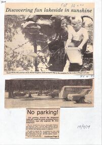 Newspaper, Various newspaper articles about car parks, children's tiles and improvements to Ringwood Lake 1955 - April 1990