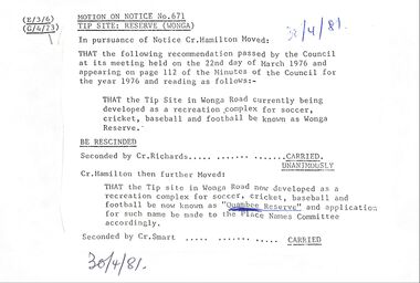 Document, Council extract stating that former tip site in Wonga Reserve (1976), used for sport, be now called Quambee Reserve (1981)