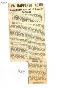 Newspaper, Newspaper articles detailing the gift of 17 acres of land south end of New Street, by Frank Pike of Heatherdale Road, for parkland
