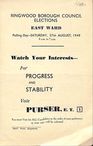Newspaper, Flyers for election to the council of ET Purser (1949), D Baxter (1955) and N Madden/EF Wieland (1927)
