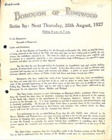 Document, Flyers headed "Borough of Ringwood" about Election Day on Thursday 25th August 1927 from AT Miles and JB McAlpin, candidates