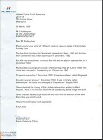 Document, V/Line and Hillside Trains Public Relations correspondence to Mr J. Rodaughan, Ringwood East, 1985 & 1999 - Lilydale Railway Line History