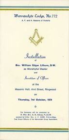 Programme - Investiture of Officers, Warrandyte Lodge No.772, A.F. and A. Masons of Victoria, Masonic Hall, Ringwood, Victoria