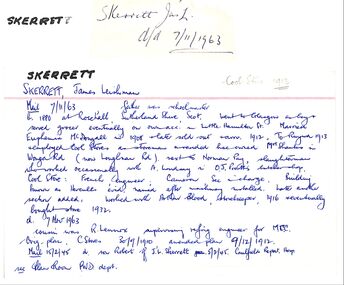 Newspaper, The Mail, Obit for James Leishman Skerrett, East Ringwood Storekeeper. Associated with Blood Bros